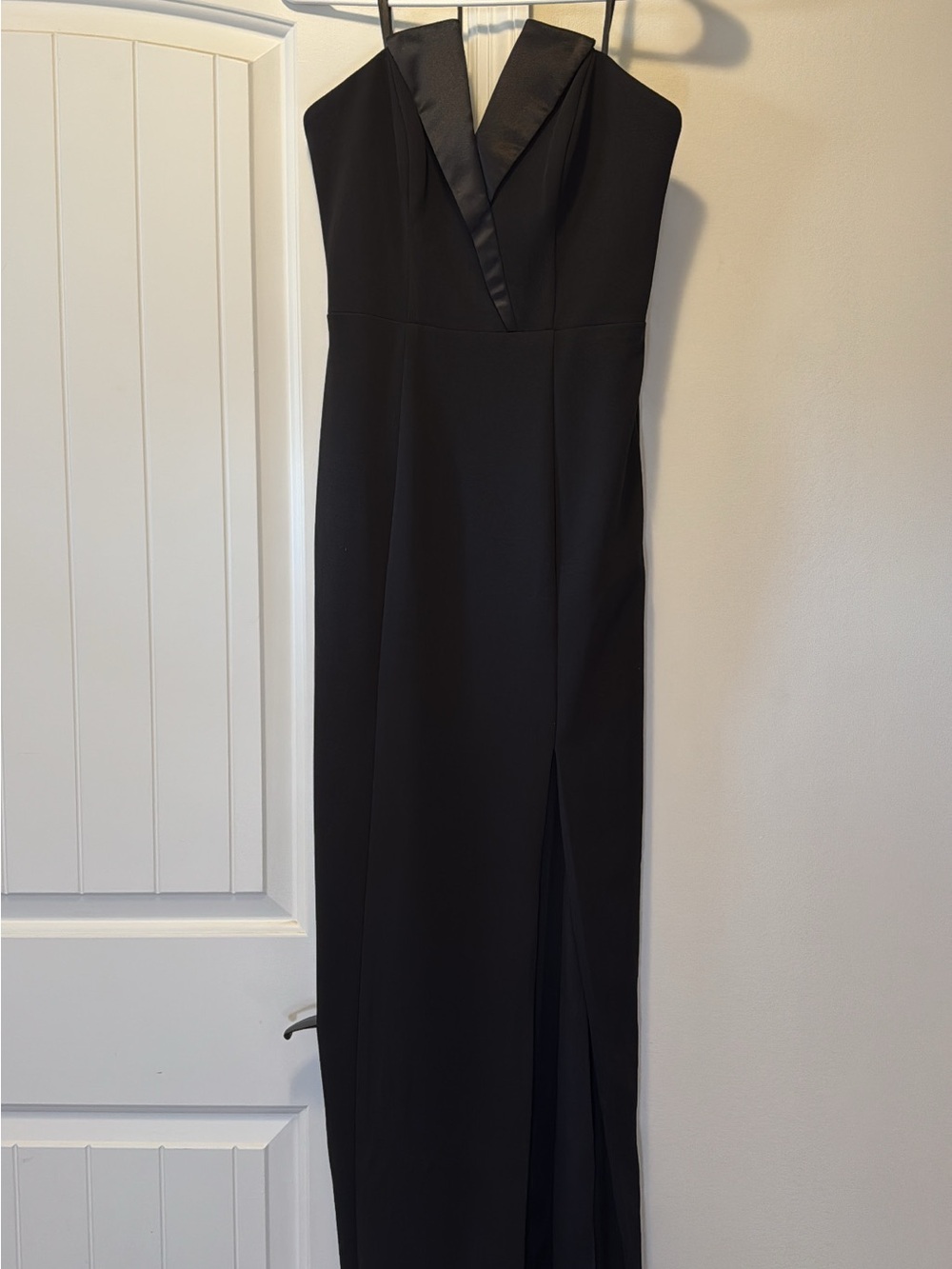 Betsy & Adam Black Satin-Trim Halter Evening Gown